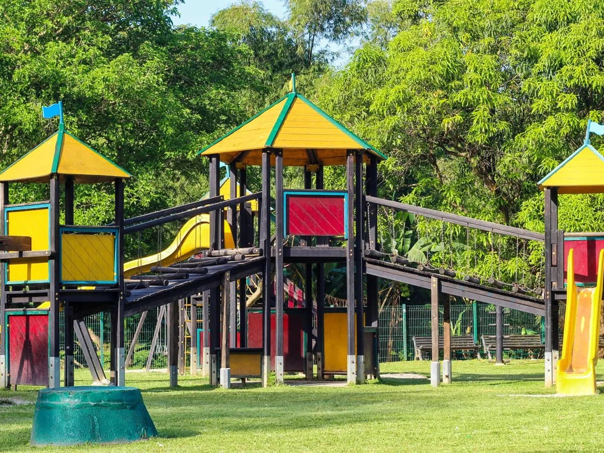 Aire de jeux en bois avec toboggans sur une pelouse