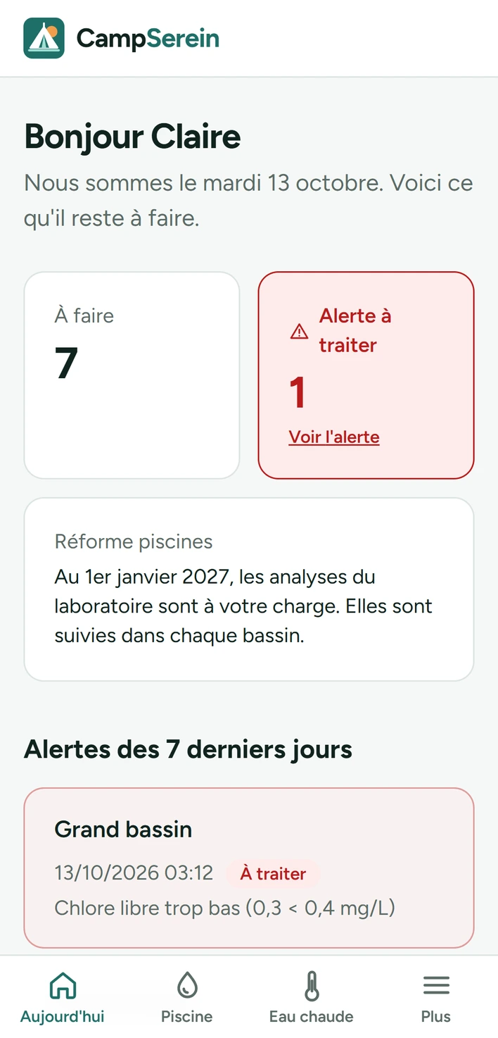 Tableau de bord CampSerein sur téléphone, avec une alerte chlore à traiter